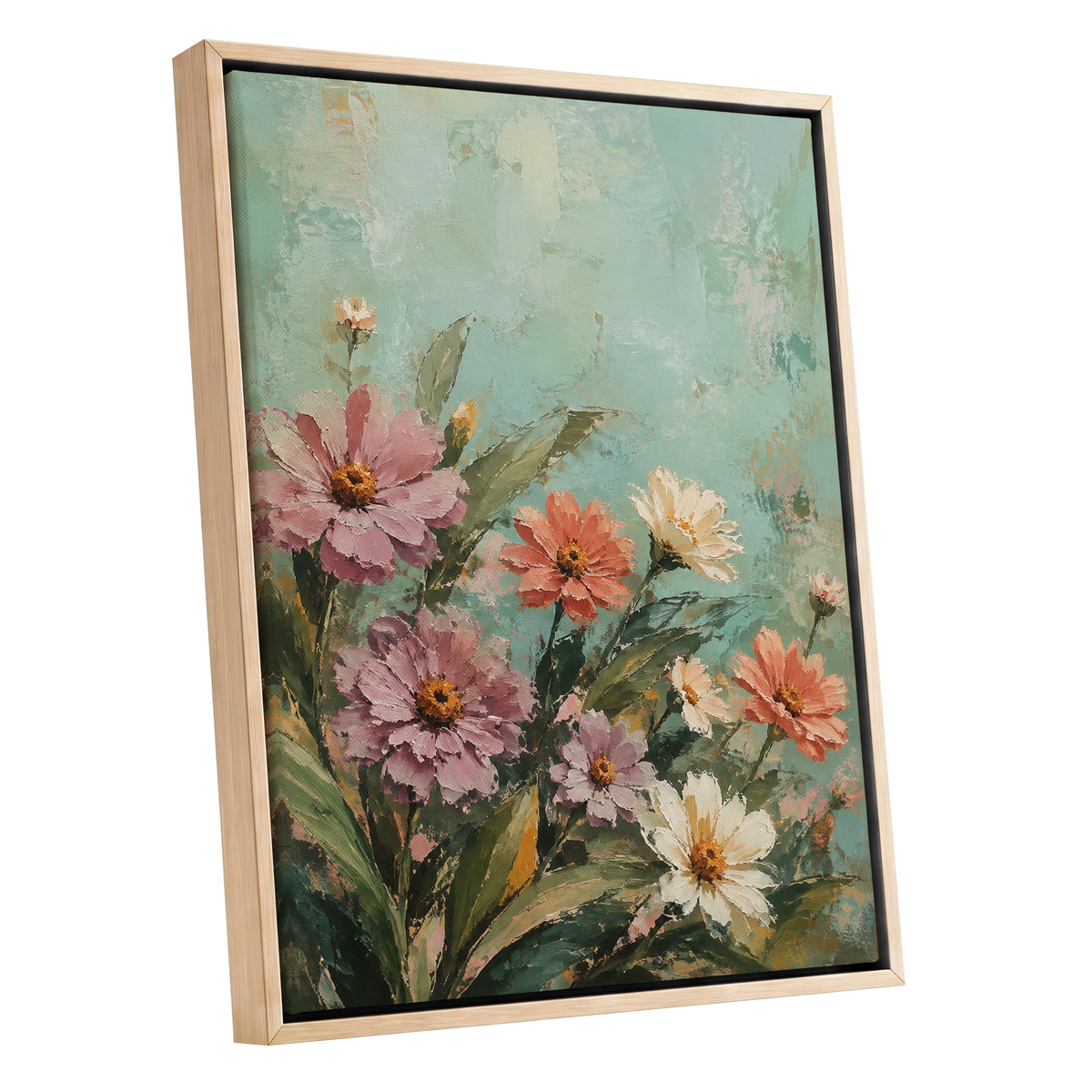 Petals in Seafoam, green, pink, orange floral wall art shown as a oak framed canvas wall art