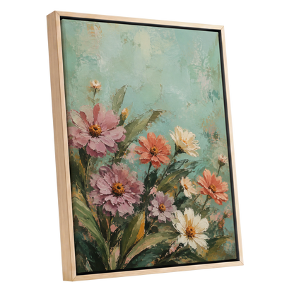Petals in Seafoam, green, pink, orange floral wall art shown as a oak framed canvas wall art