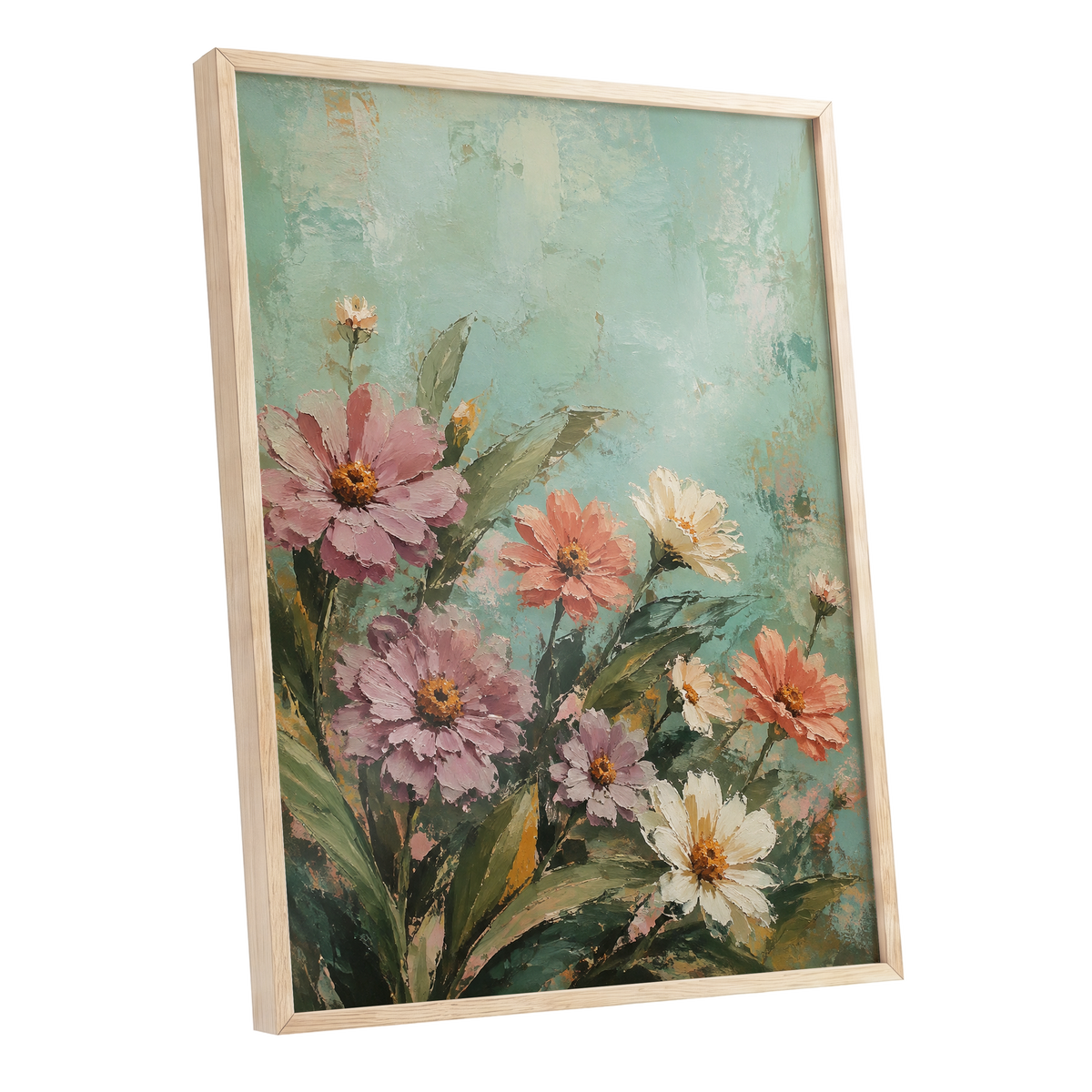 Petals in Seafoam, green, pink, orange floral wall art shown as a oak framed poster wall art print