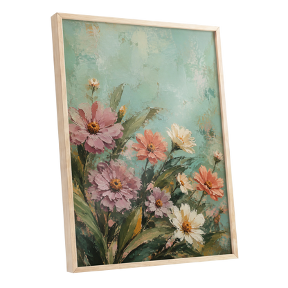 Petals in Seafoam, green, pink, orange floral wall art shown as a oak framed poster wall art print