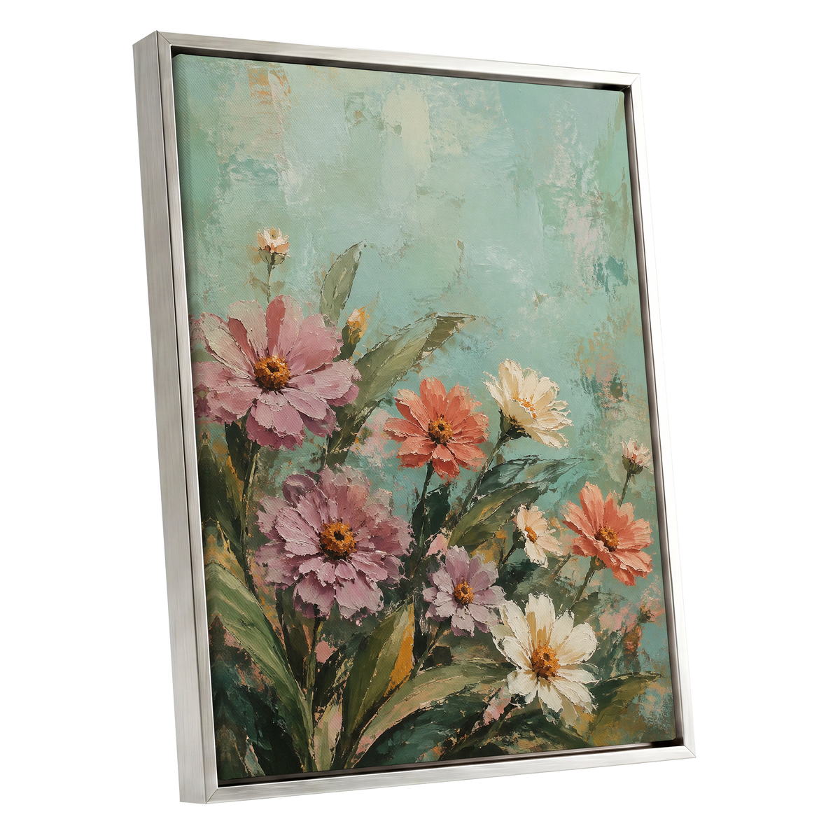 Petals in Seafoam, green, pink, orange floral wall art shown as a silver framed canvas wall art