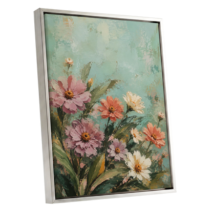 Petals in Seafoam, green, pink, orange floral wall art shown as a silver framed canvas wall art