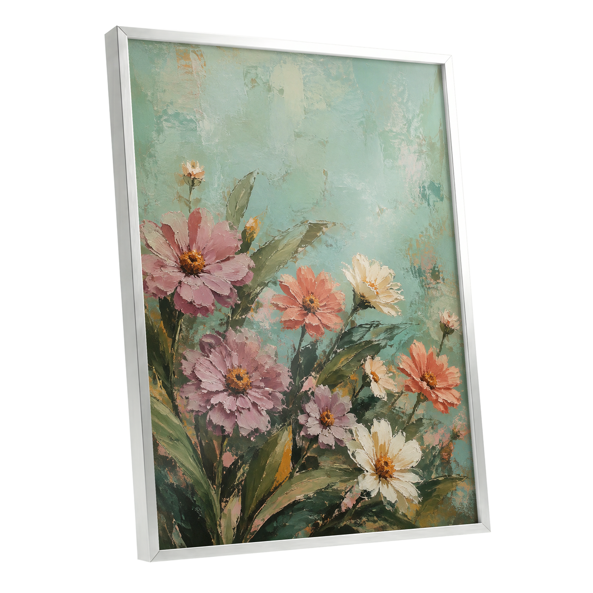 Petals in Seafoam, green, pink, orange floral wall art shown as a silver framed poster wall art print