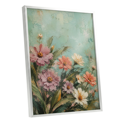 Petals in Seafoam, green, pink, orange floral wall art shown as a silver framed poster wall art print