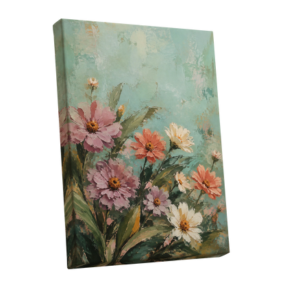 Petals in Seafoam, green, pink, orange floral wall art shown as a stretched canvas wall art