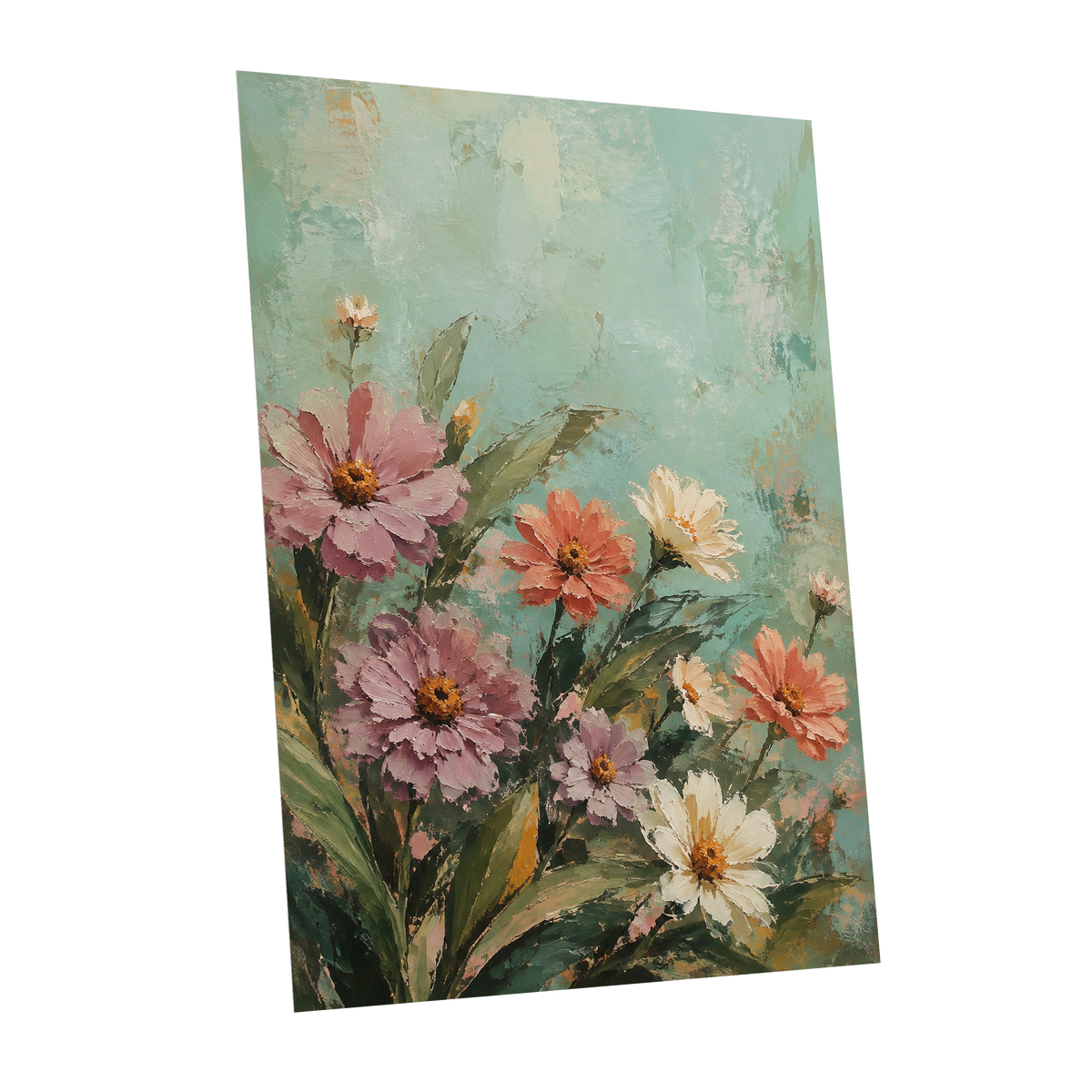 Petals in Seafoam, green, pink, orange floral wall art shown as a unframed poster wall art print