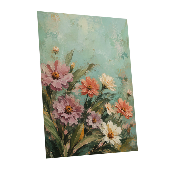Petals in Seafoam, green, pink, orange floral wall art shown as a unframed poster wall art print