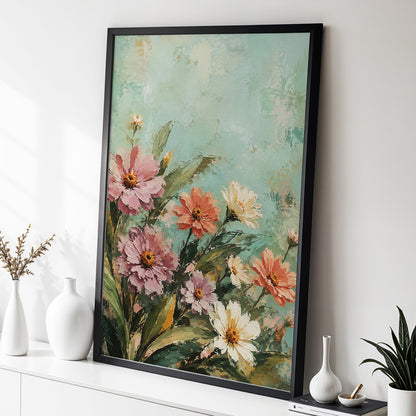 Petals in Seafoam, green, pink, orange floral wall art displayed in a styled interior, gallery view 2