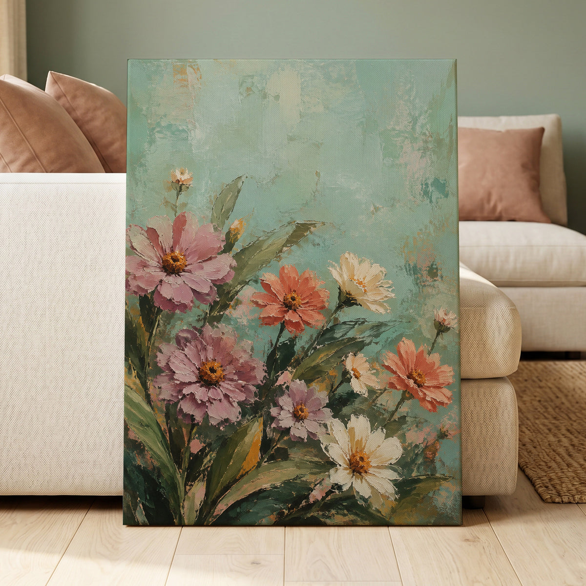 Petals in Seafoam, green, pink, orange floral wall art displayed in a styled interior, gallery view 3