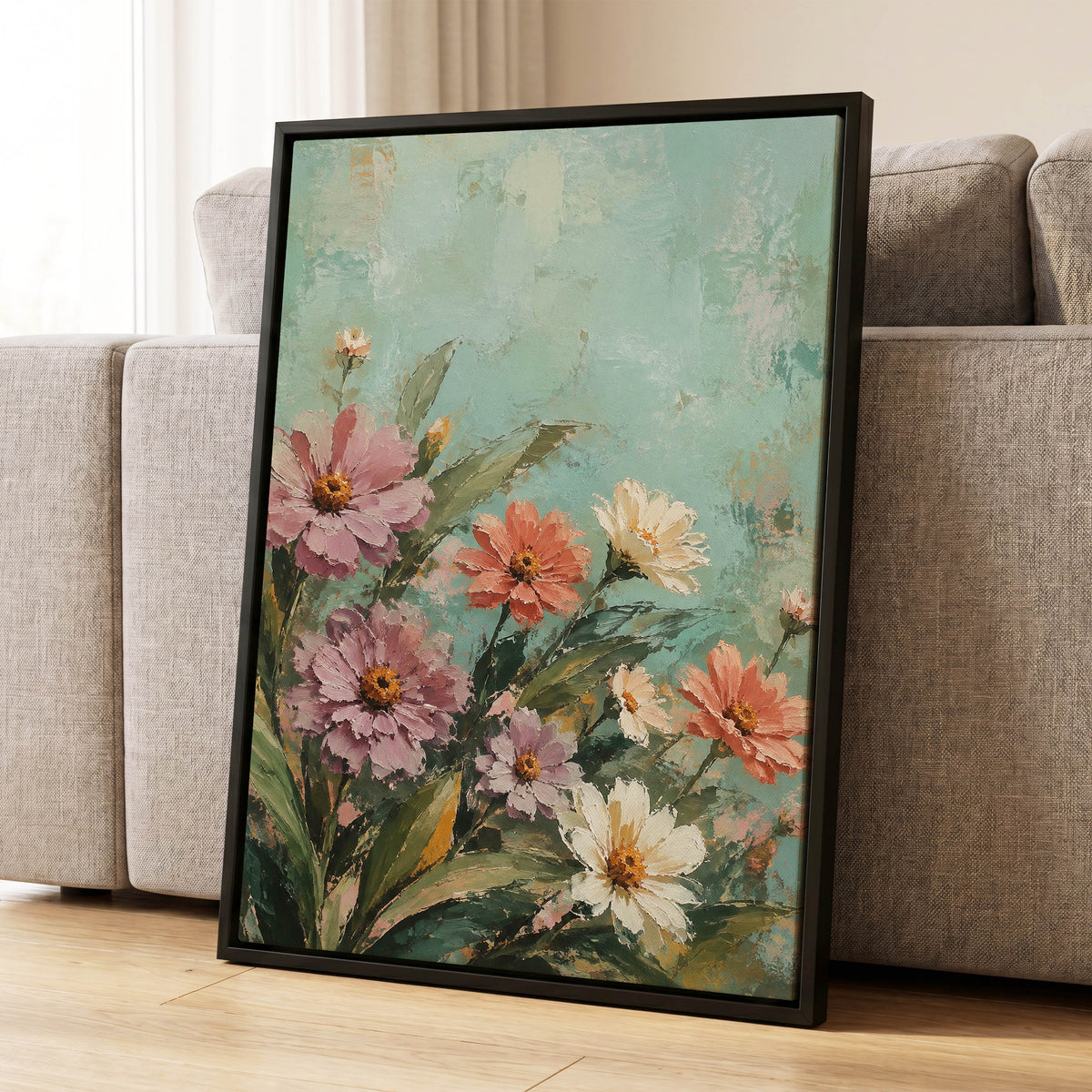 Petals in Seafoam, green, pink, orange floral wall art displayed in a styled interior, gallery view 4