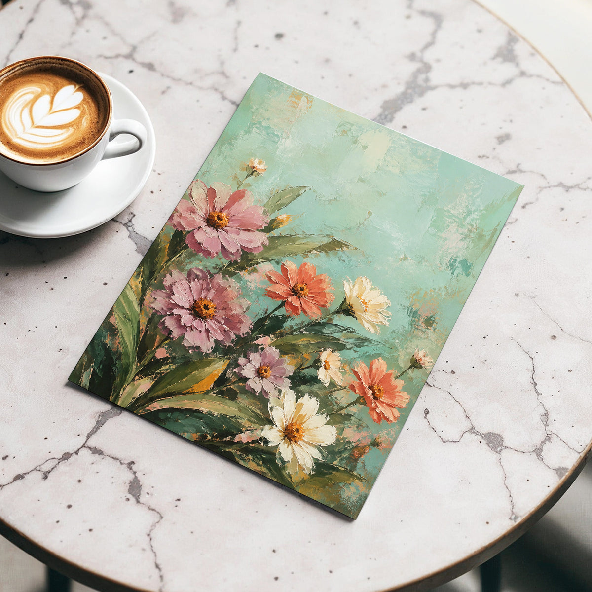 Petals in Seafoam, green, pink, orange floral wall art displayed in a styled interior, gallery view 5