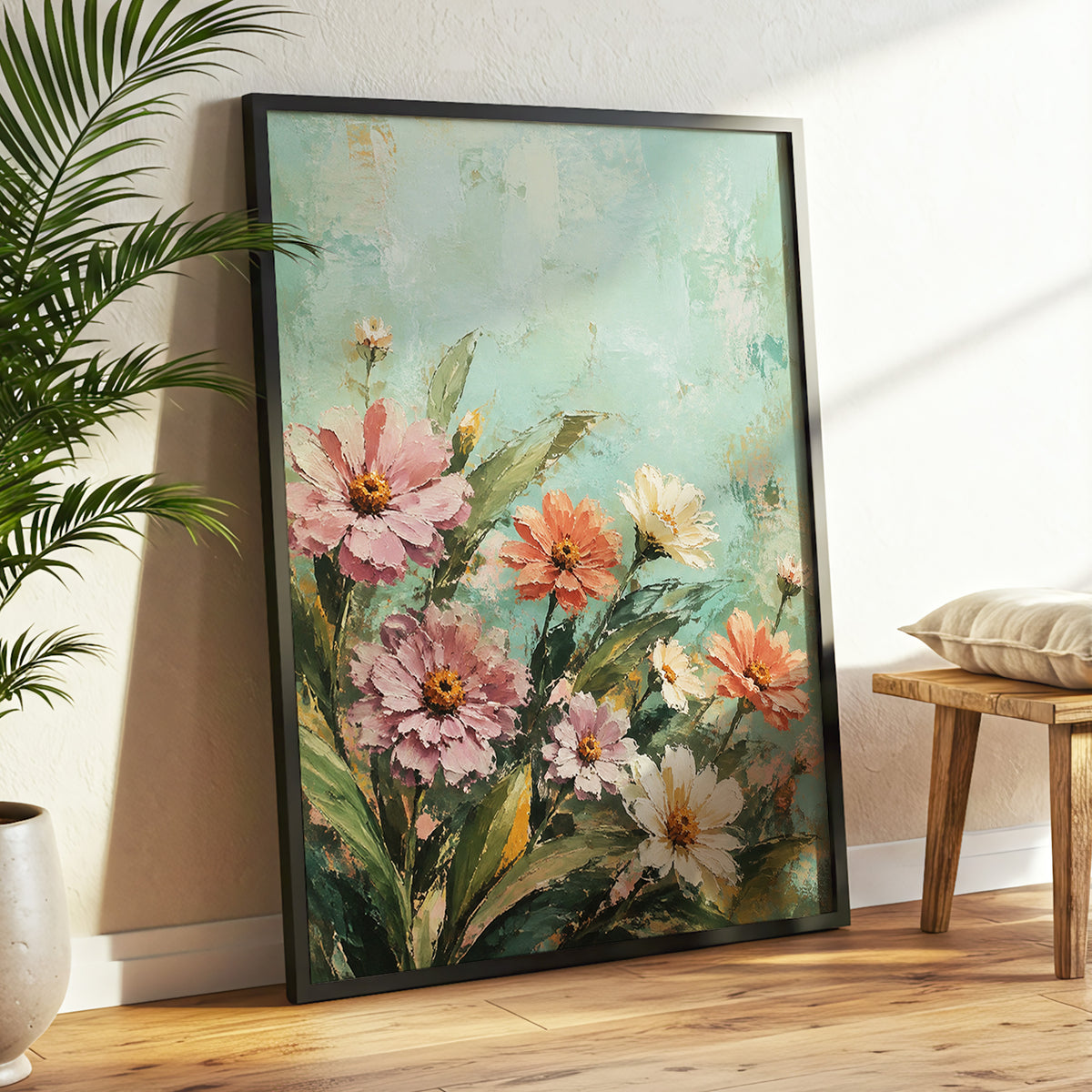 Petals in Seafoam, green, pink, orange floral wall art displayed in a styled interior, gallery view 6