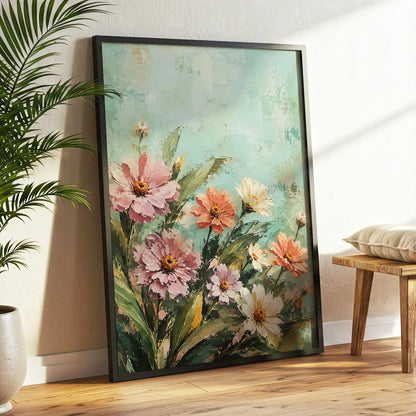 Petals in Seafoam, green, pink, orange floral wall art displayed in a styled interior, gallery view 6