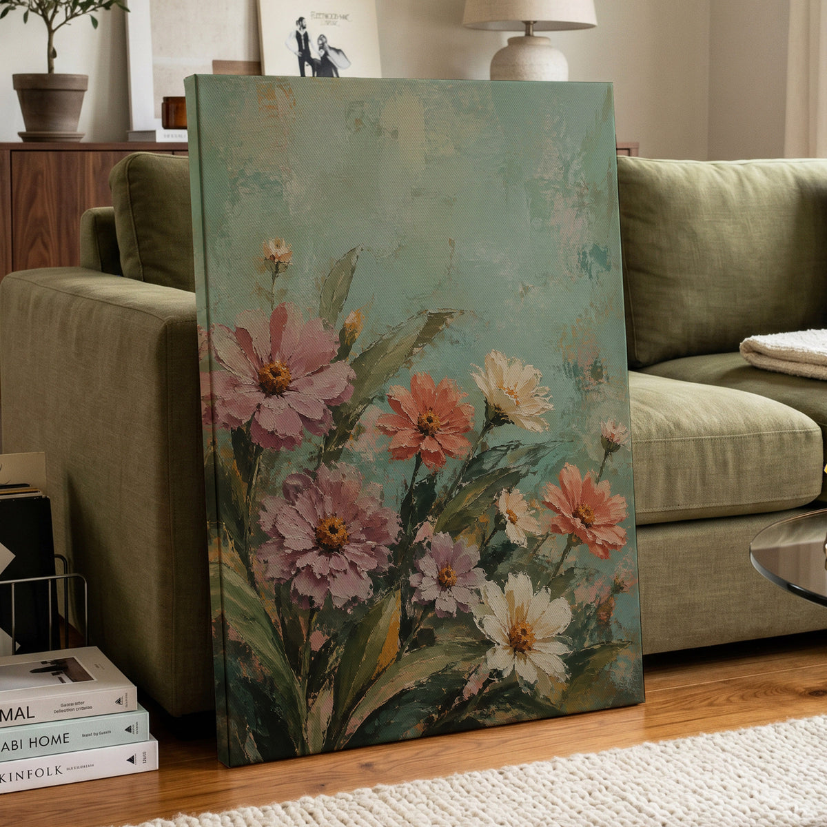 Petals in Seafoam, green, pink, orange floral wall art displayed in a styled interior, gallery view 7