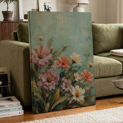 Petals in Seafoam, green, pink, orange floral wall art displayed in a styled interior, gallery view 7