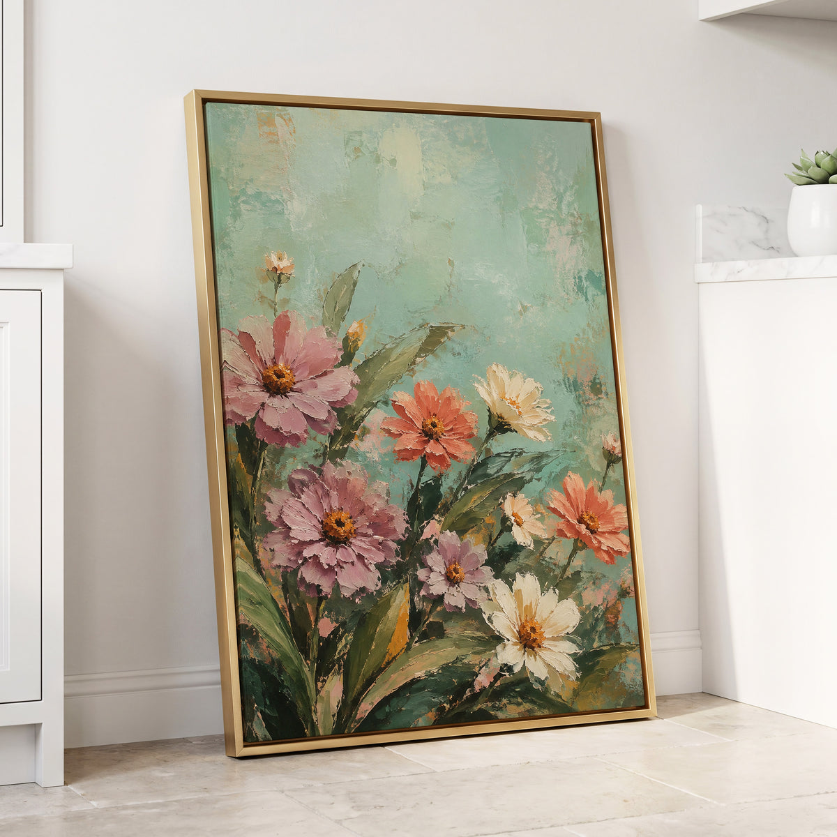 Petals in Seafoam, green, pink, orange floral wall art displayed in a styled interior, gallery view 8