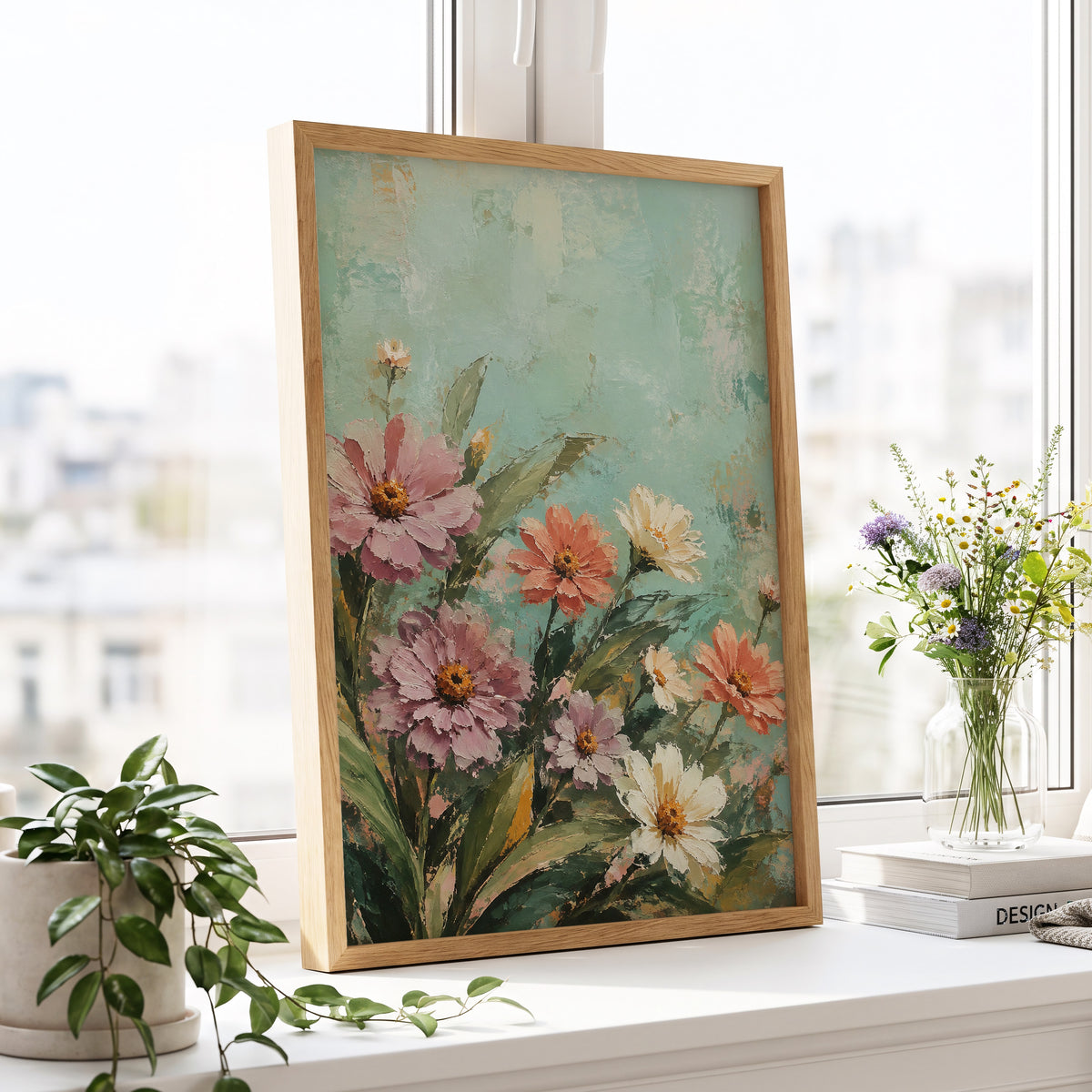 Petals in Seafoam, green, pink, orange floral wall art displayed in a styled interior, gallery view 9