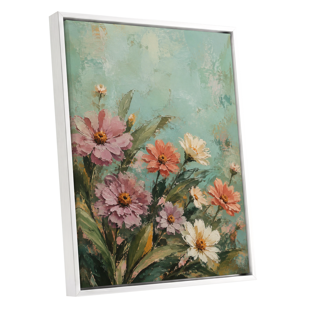 Petals in Seafoam, green, pink, orange floral wall art shown as a white framed canvas wall art