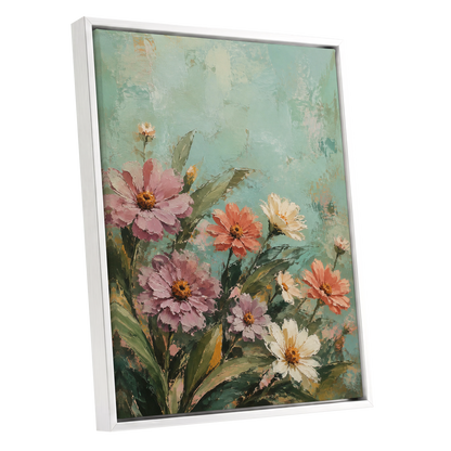 Petals in Seafoam, green, pink, orange floral wall art shown as a white framed canvas wall art
