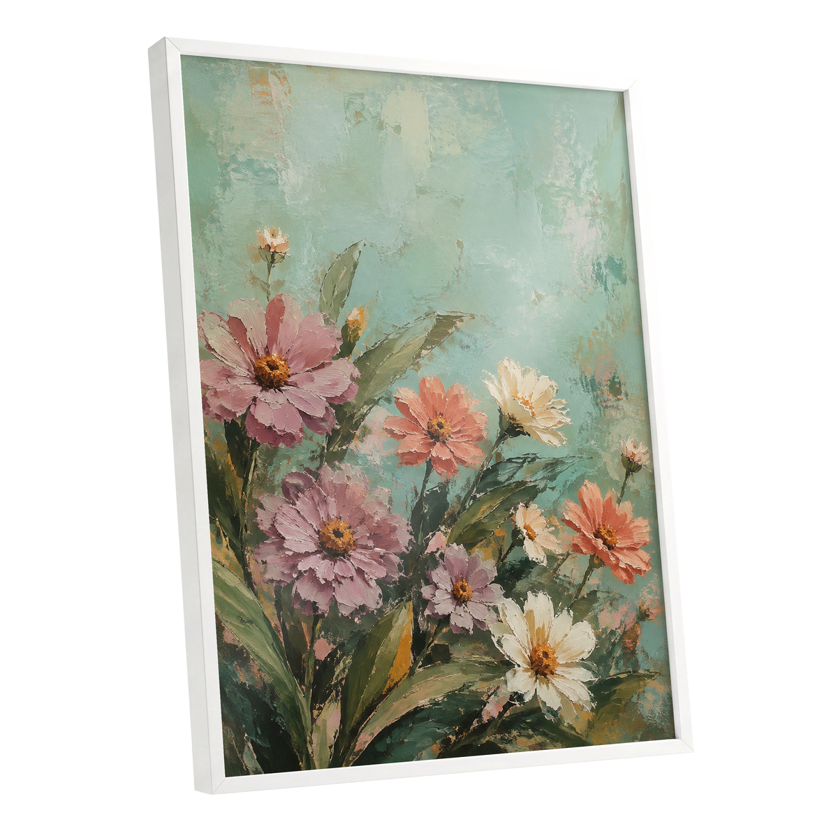 Petals in Seafoam, green, pink, orange floral wall art shown as a white framed poster wall art print
