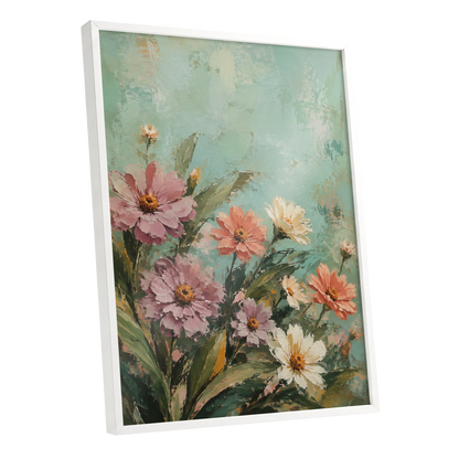 Petals in Seafoam, green, pink, orange floral wall art shown as a white framed poster wall art print
