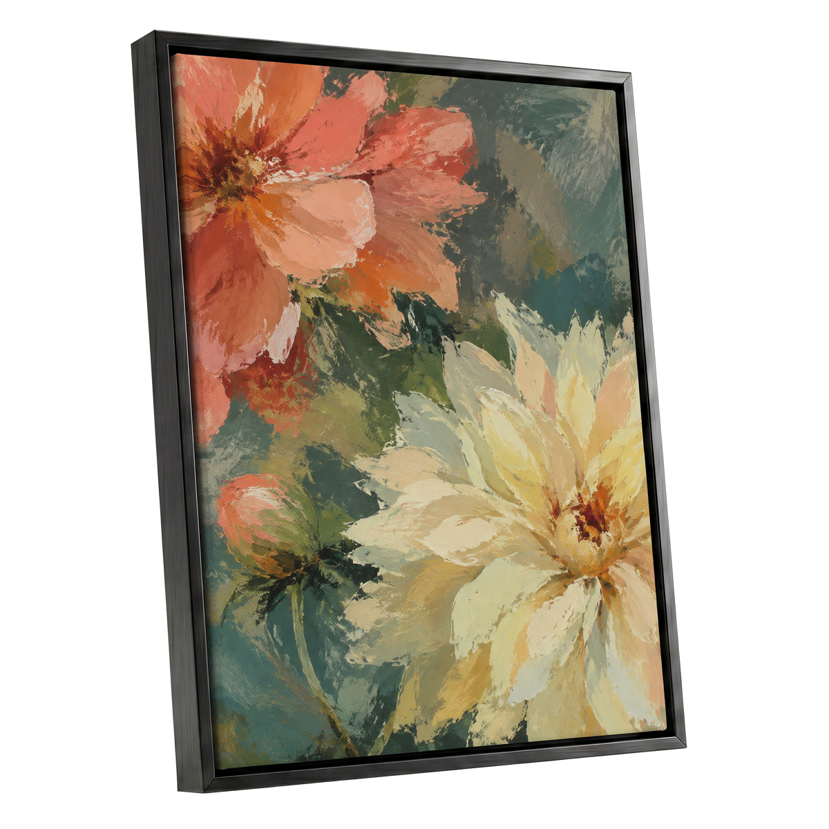 Petals in Soft Focus, pink, yellow, green floral wall art shown as a black framed canvas wall art