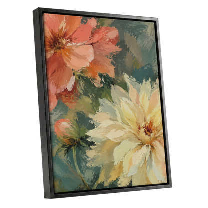 Petals in Soft Focus, pink, yellow, green floral wall art shown as a black framed canvas wall art
