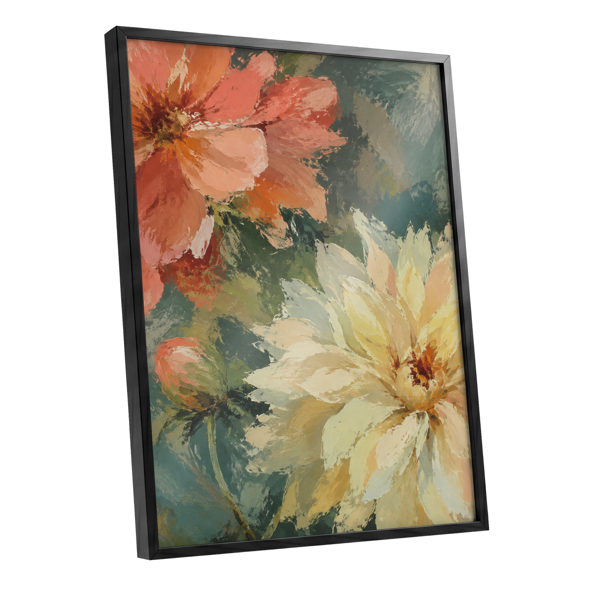 Petals in Soft Focus, pink, yellow, green floral wall art shown as a black framed poster wall art print
