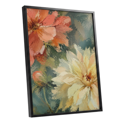 Petals in Soft Focus, pink, yellow, green floral wall art shown as a black framed poster wall art print
