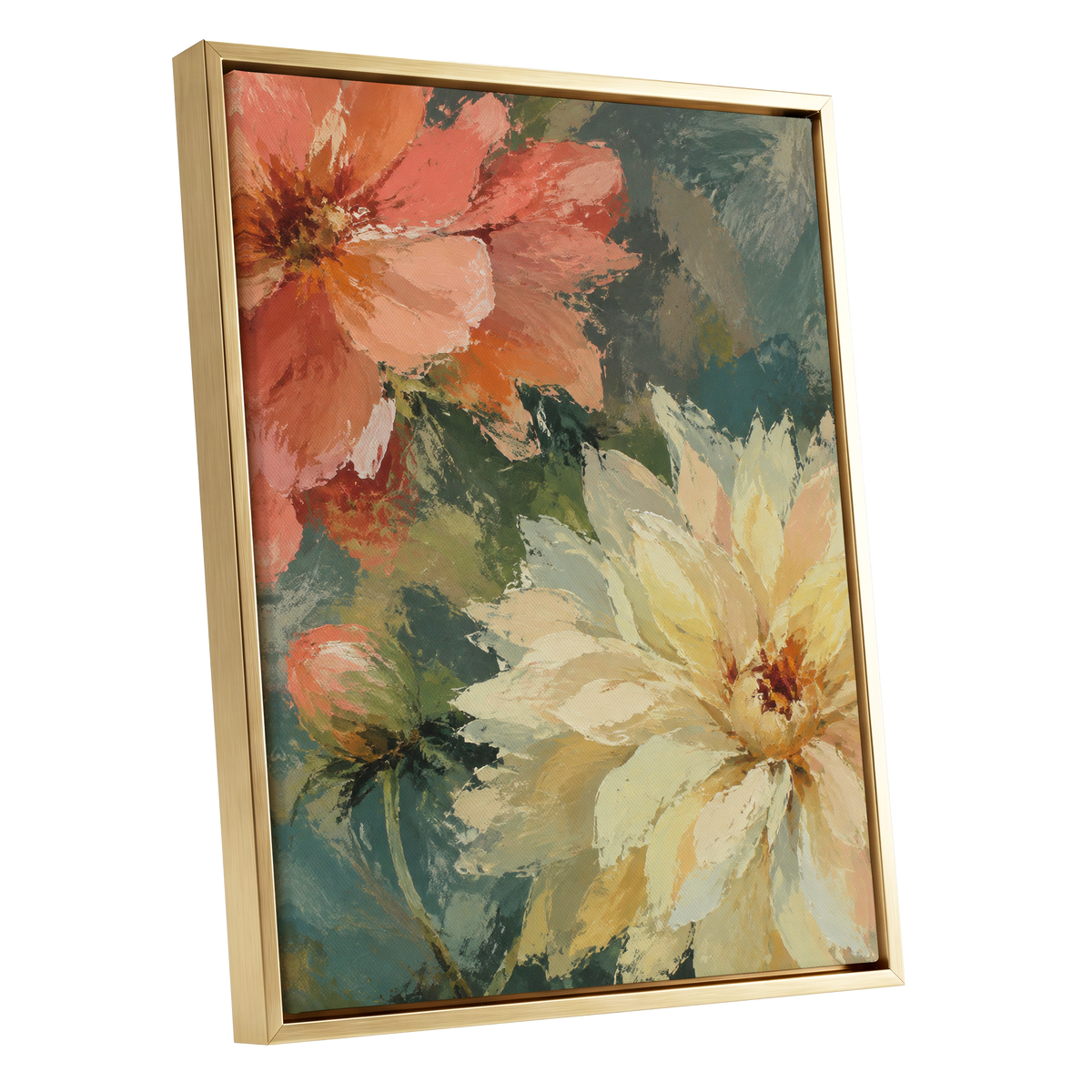Petals in Soft Focus, pink, yellow, green floral wall art shown as a gold framed canvas wall art