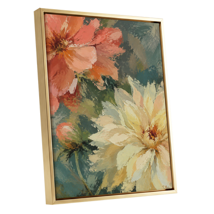 Petals in Soft Focus, pink, yellow, green floral wall art shown as a gold framed canvas wall art