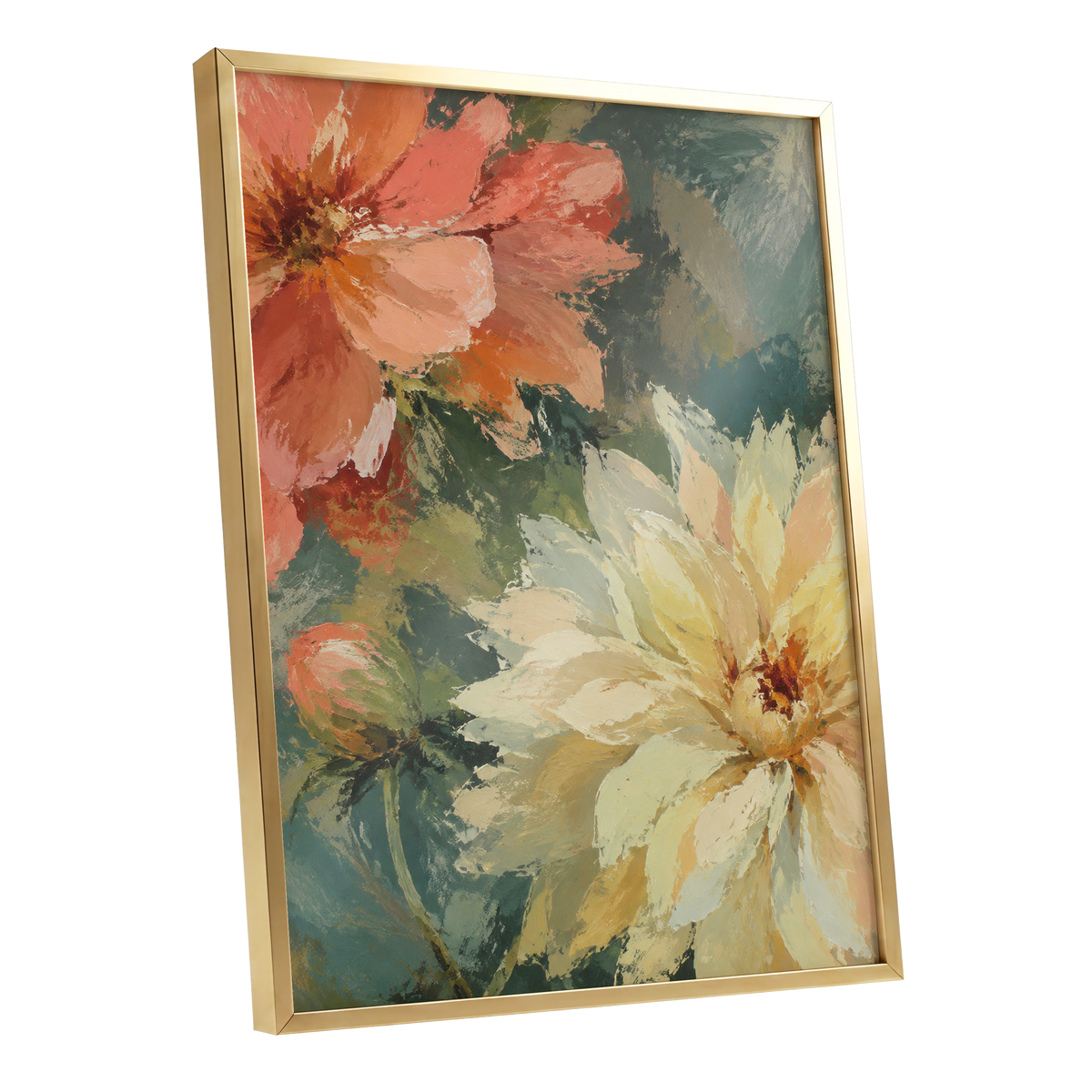 Petals in Soft Focus, pink, yellow, green floral wall art shown as a gold framed poster wall art print
