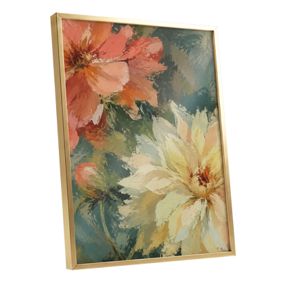Petals in Soft Focus, pink, yellow, green floral wall art shown as a gold framed poster wall art print