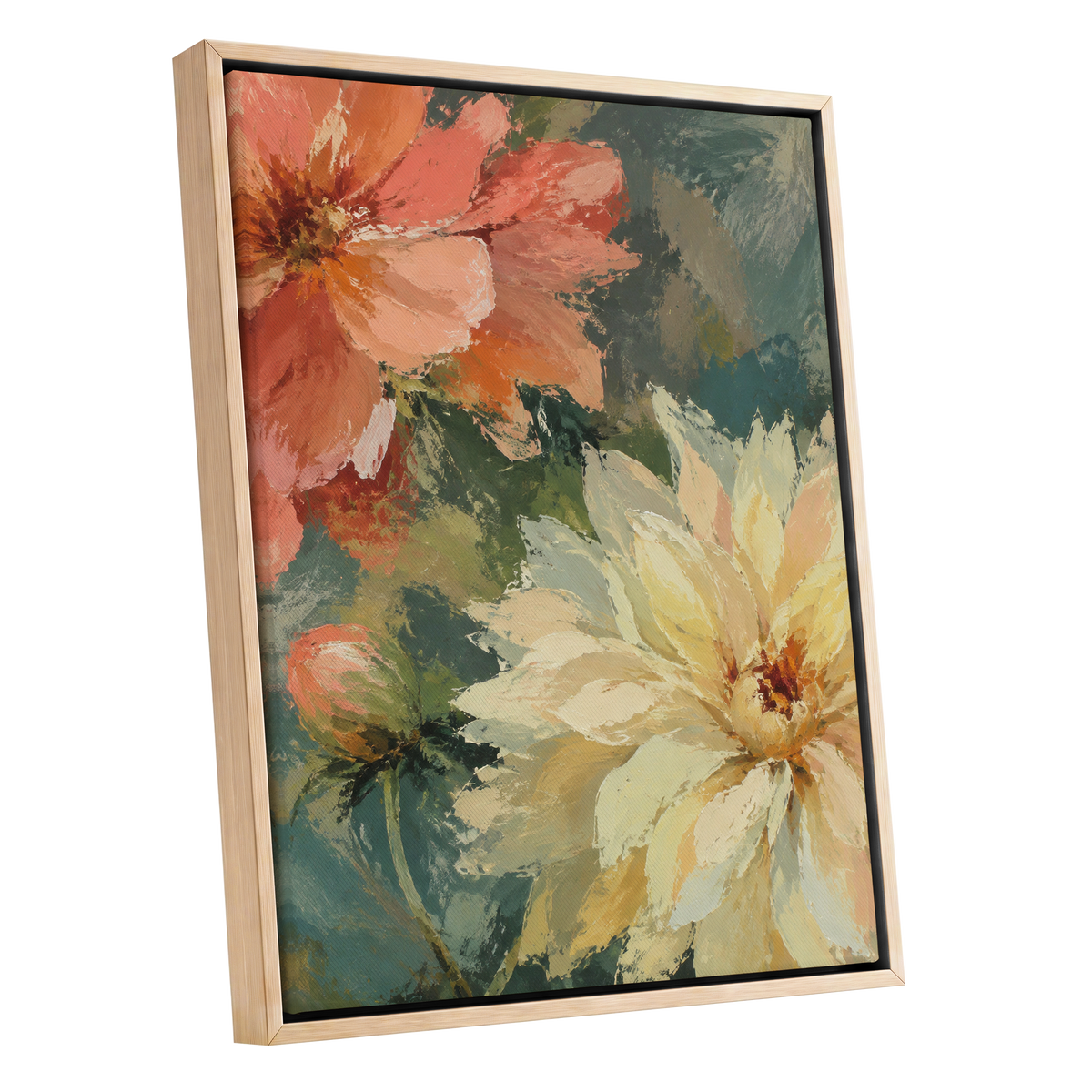 Petals in Soft Focus, pink, yellow, green floral wall art shown as a oak framed canvas wall art