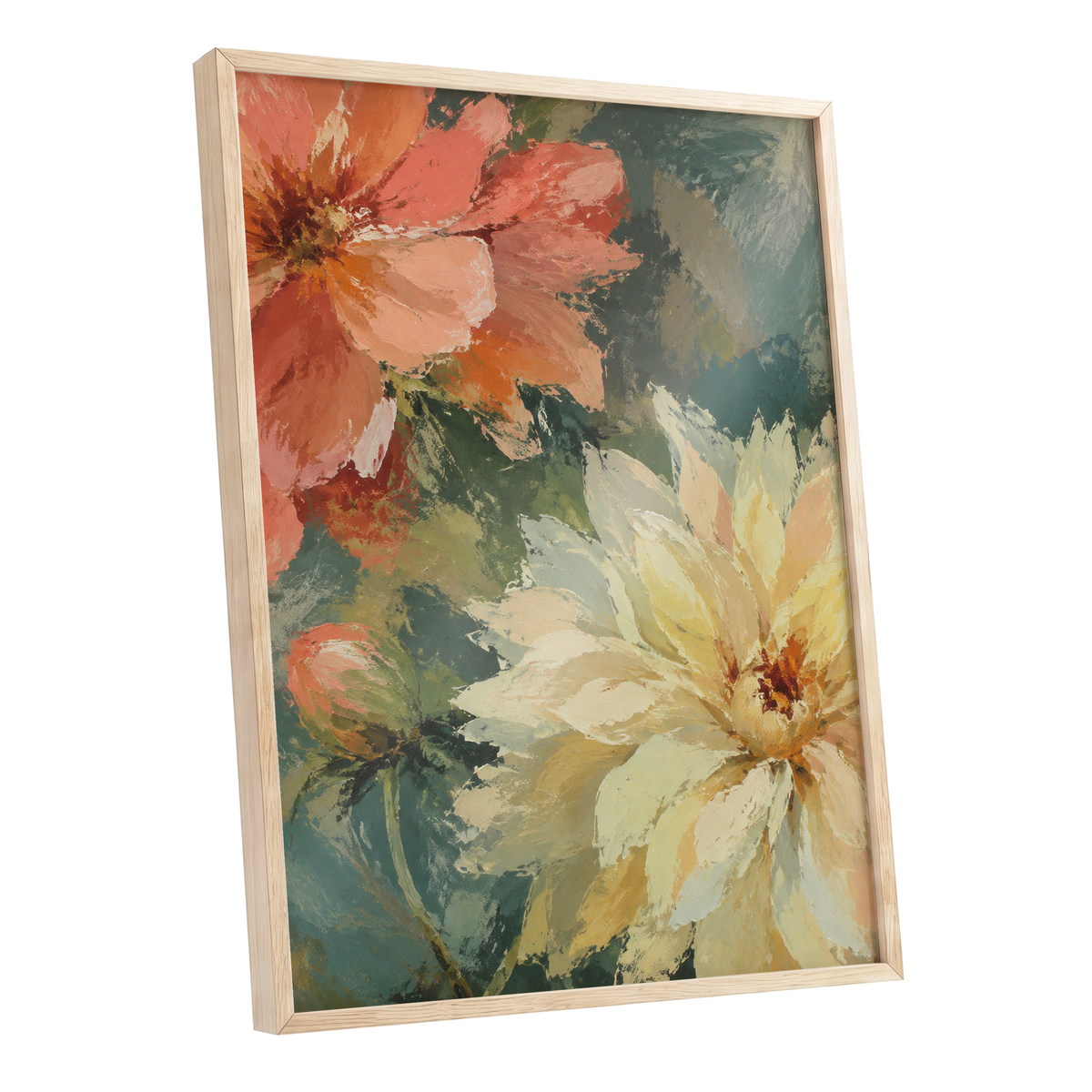 Petals in Soft Focus, pink, yellow, green floral wall art shown as a oak framed poster wall art print