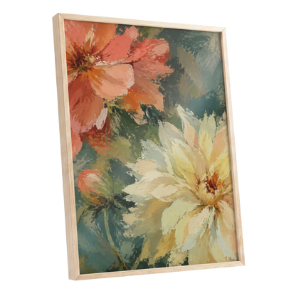 Petals in Soft Focus, pink, yellow, green floral wall art shown as a oak framed poster wall art print