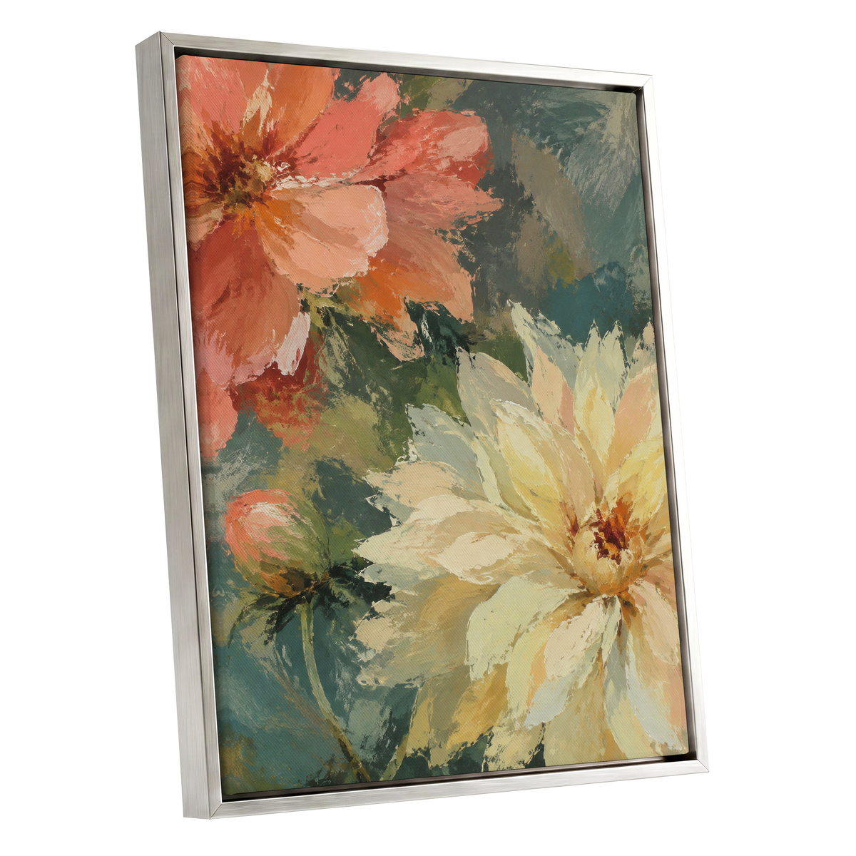 Petals in Soft Focus, pink, yellow, green floral wall art shown as a silver framed canvas wall art