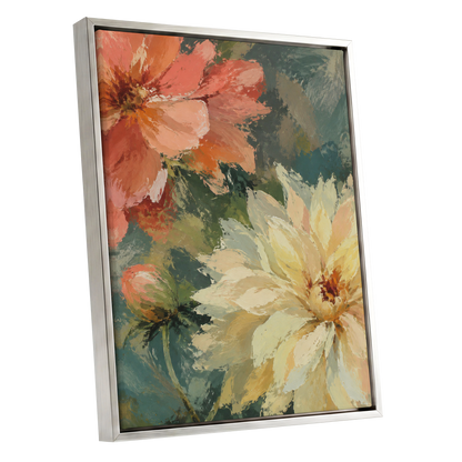 Petals in Soft Focus, pink, yellow, green floral wall art shown as a silver framed canvas wall art