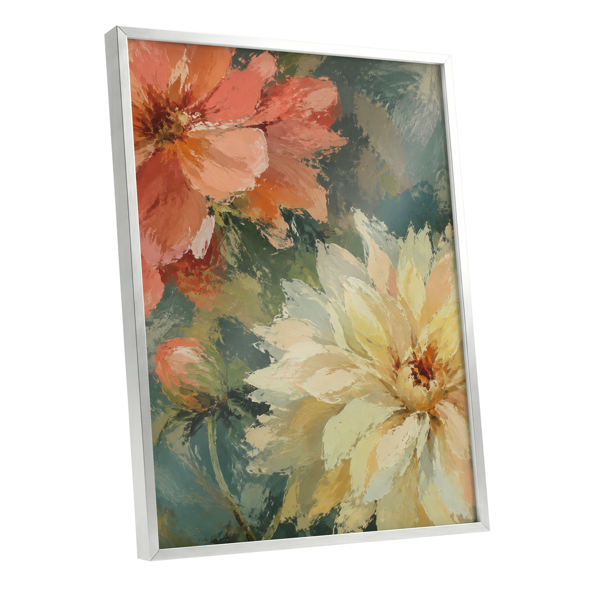 Petals in Soft Focus, pink, yellow, green floral wall art shown as a silver framed poster wall art print