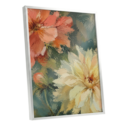 Petals in Soft Focus, pink, yellow, green floral wall art shown as a silver framed poster wall art print