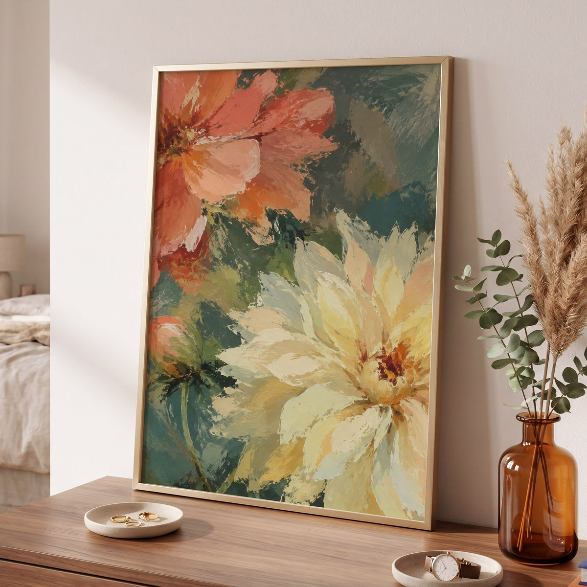 Petals in Soft Focus, pink, yellow, green floral wall art displayed in a styled interior, gallery view 2