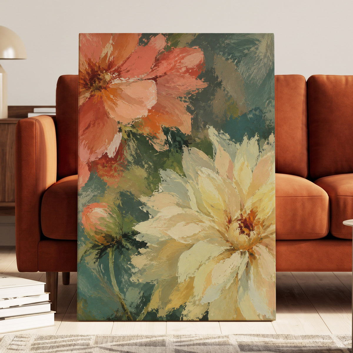 Petals in Soft Focus, pink, yellow, green floral wall art displayed in a styled interior, gallery view 3