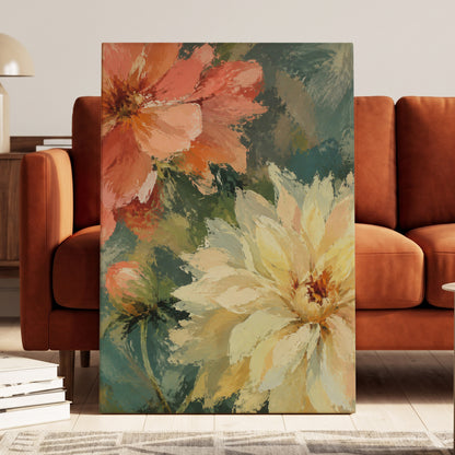 Petals in Soft Focus, pink, yellow, green floral wall art displayed in a styled interior, gallery view 3