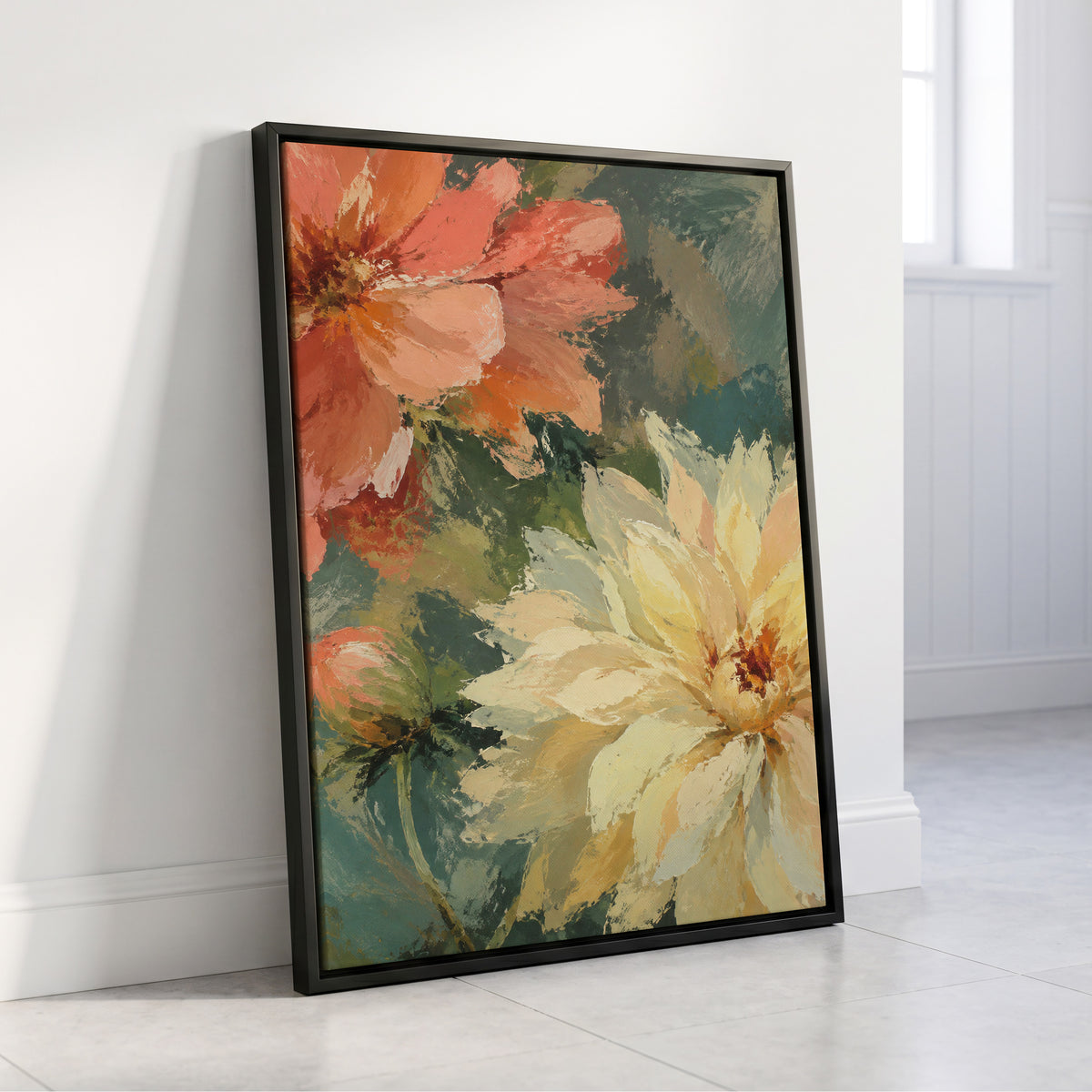 Petals in Soft Focus, pink, yellow, green floral wall art displayed in a styled interior, gallery view 4