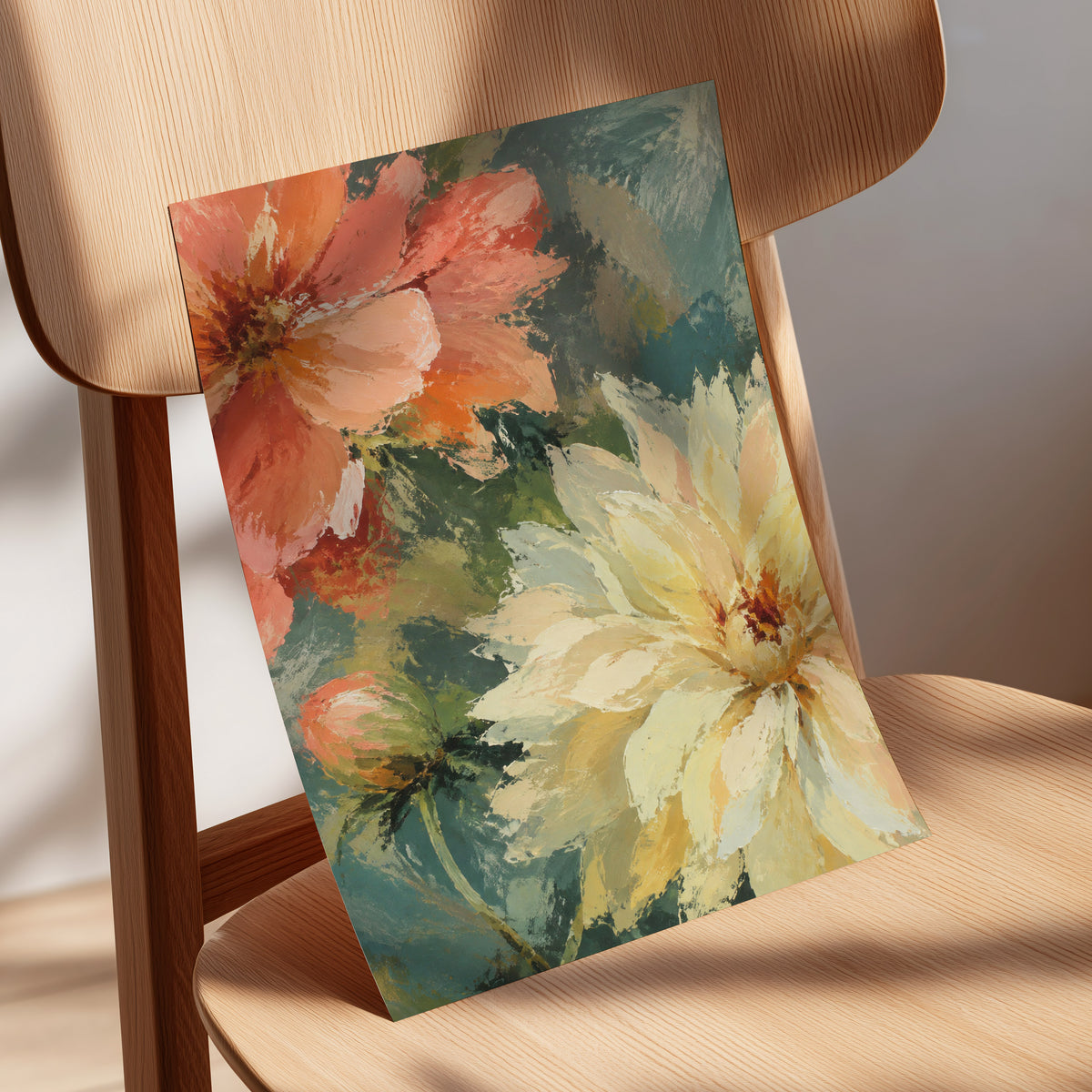 Petals in Soft Focus, pink, yellow, green floral wall art displayed in a styled interior, gallery view 5