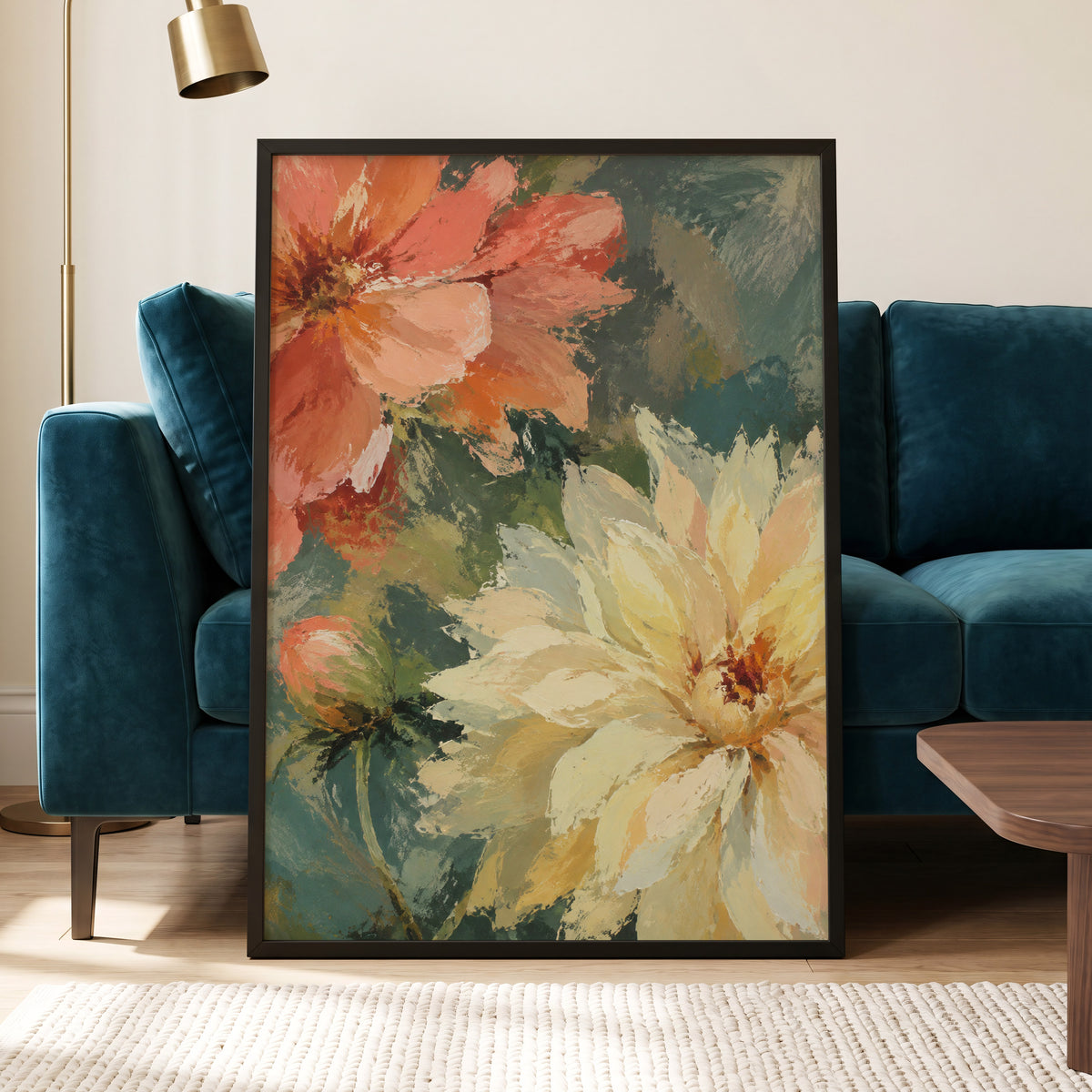 Petals in Soft Focus, pink, yellow, green floral wall art displayed in a styled interior, gallery view 6