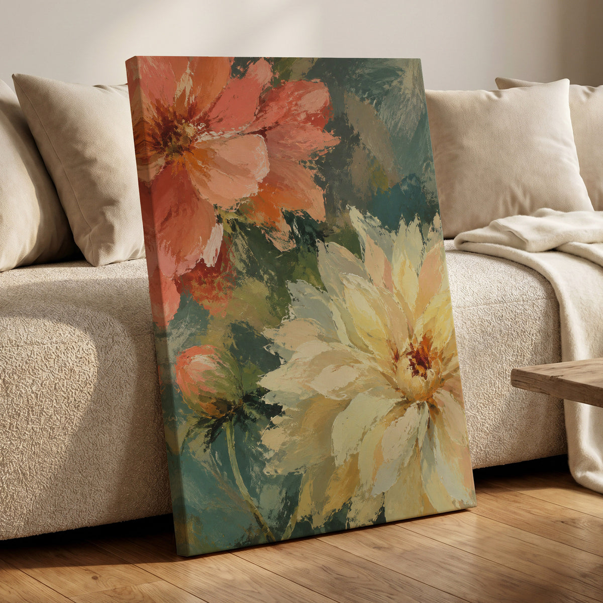 Petals in Soft Focus, pink, yellow, green floral wall art displayed in a styled interior, gallery view 7