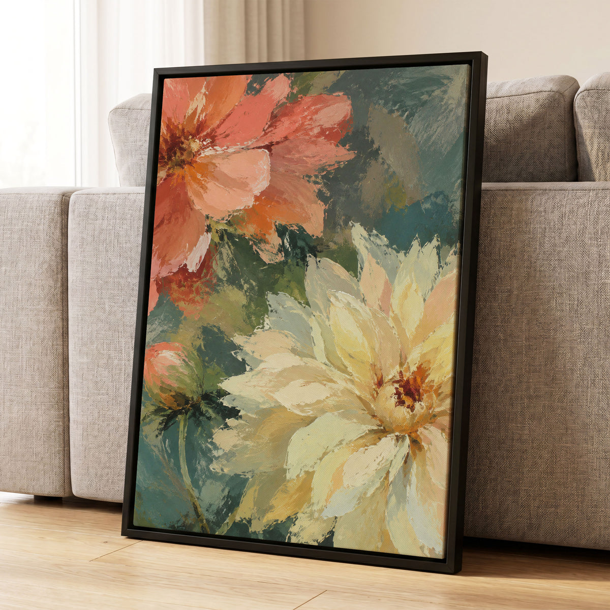 Petals in Soft Focus, pink, yellow, green floral wall art displayed in a styled interior, gallery view 8