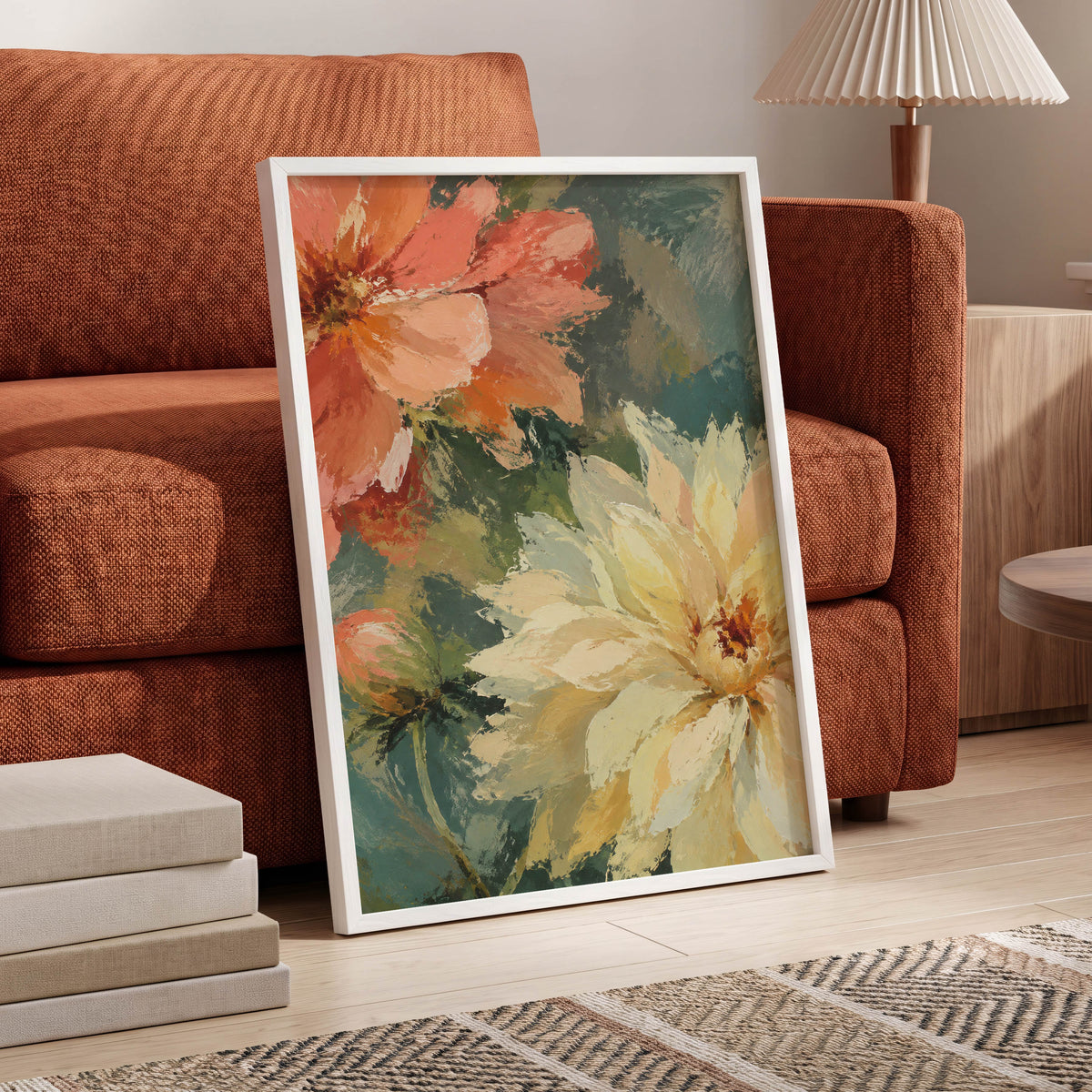 Petals in Soft Focus, pink, yellow, green floral wall art displayed in a styled interior, gallery view 9