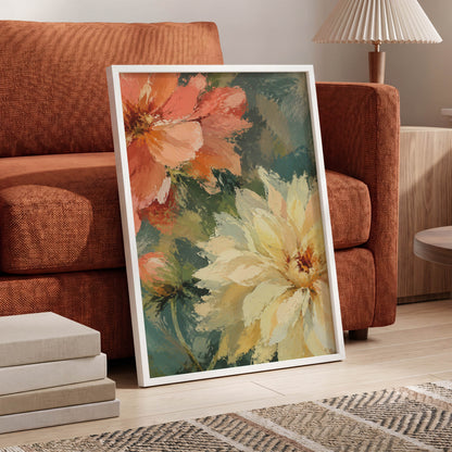 Petals in Soft Focus, pink, yellow, green floral wall art displayed in a styled interior, gallery view 9